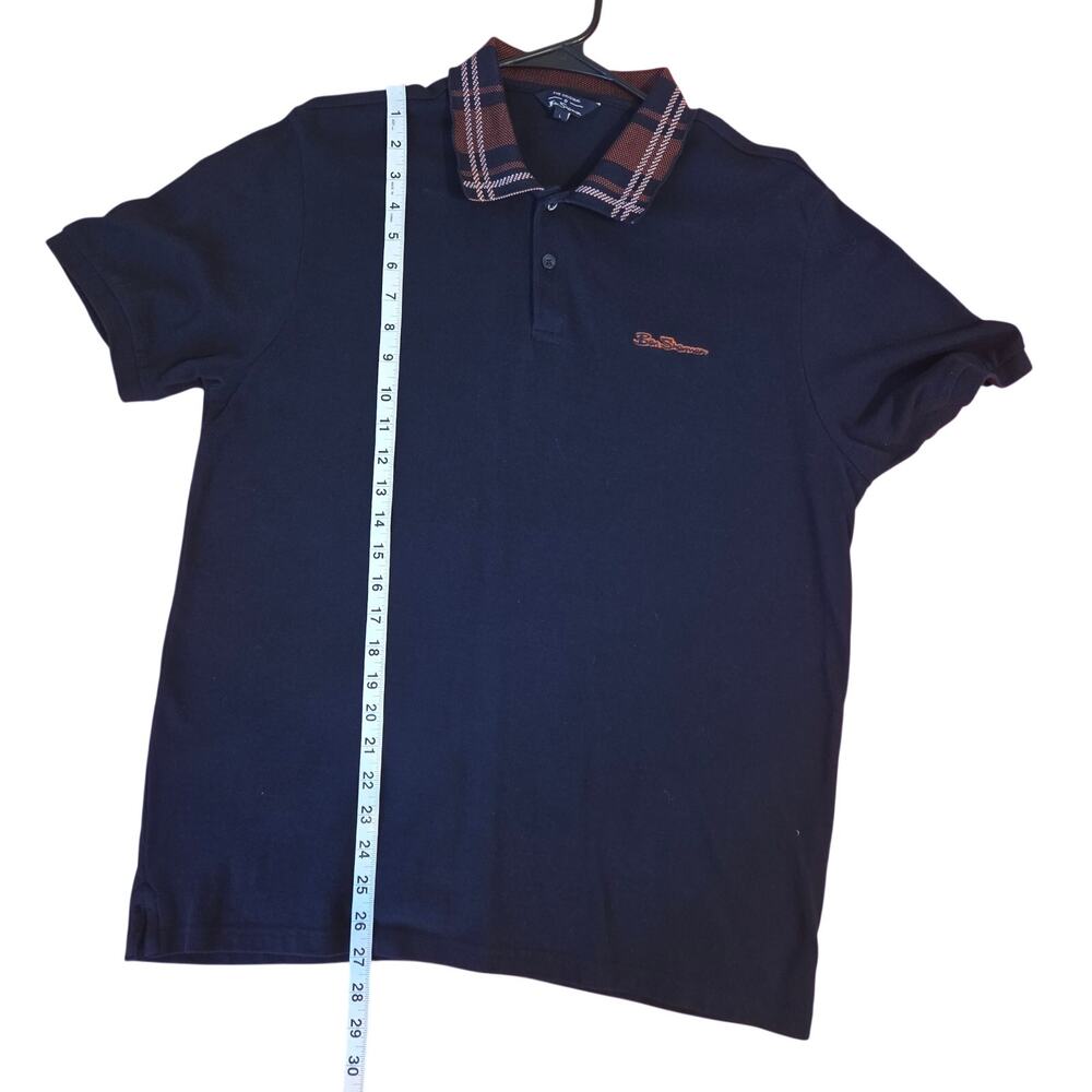 Ben Sherman Pique Polo Shirt Navy Blue with Tartan Plaid Design Collar sz L - Picture 5 of 11